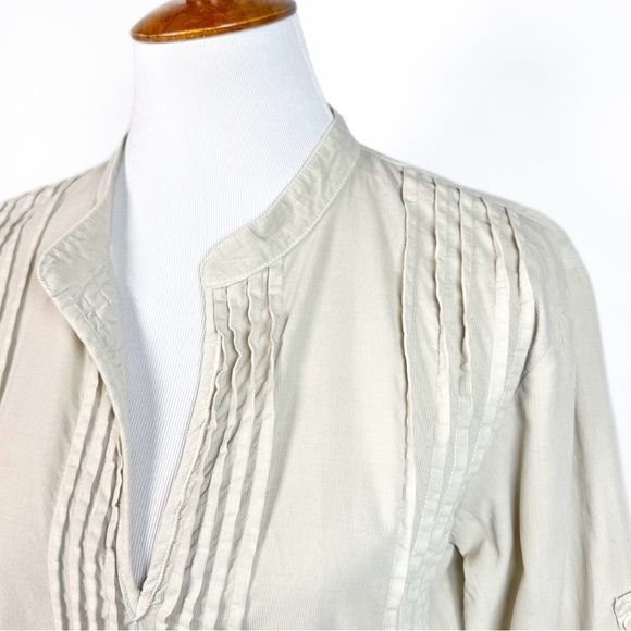 CP Shades Pintuck Pleated Velvet Corduroy Cream 3/4 Sleeve Roll Tab Tunic Top M - Picture 2 of 14